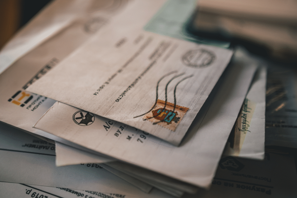 Desk surface, stack of envelopes, close-up view with postage stamp featured, diffused daylight, documentary style, no people.
